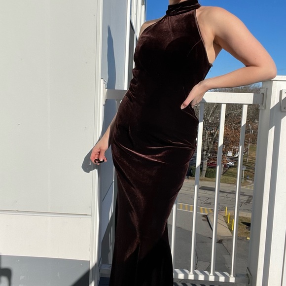 Velvet Maxi Dress Gown Halter Vintage Chocolate Brown Lace Back Corset Top S - Picture 5 of 7